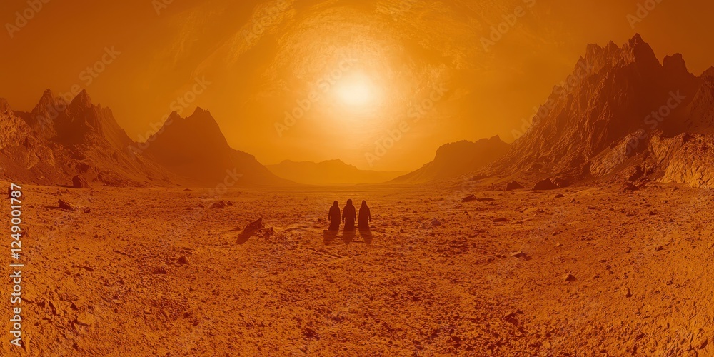 Obraz premium A glowing arid desert landscape hit by a massive sandstorm, with dunes shifting rapidly under the force of the wind. The air is thick with swirling sand, creating an orange glow across the horizon