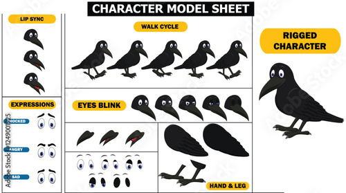Fully Rigged Crow Sprite Sheet | Flying, Walking, Idle | Hand Sync, Eyebrow Expressions, Lip Sync  Eye Blink