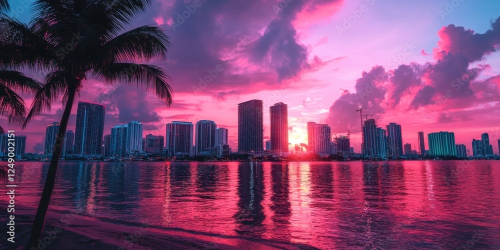 Obraz premium view of Miami, Florida skyline and bay framed by palm tree