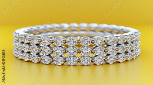 Three elegant diamond eternity bands on yellow background. photo