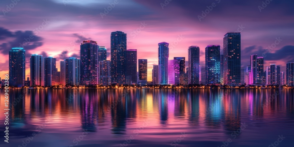 Fototapeta premium view of Miami, Florida skyline and bay framed by palm tree 
