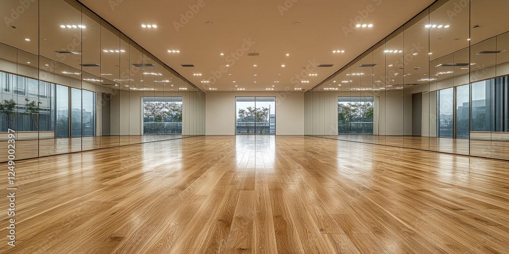 Spacious Dance Studio with Mirrored Walls and Smooth Wooden Floor for Artful Expressions and Movement Practice Spacious Dance Studio with Mirrored Walls and Smooth Wooden Floor for Artful Expressions and Movement Practice