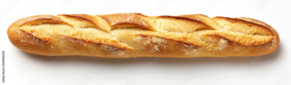 Crusty baguette, overhead, white background, bakery Crusty baguette, overhead, white background, bakery