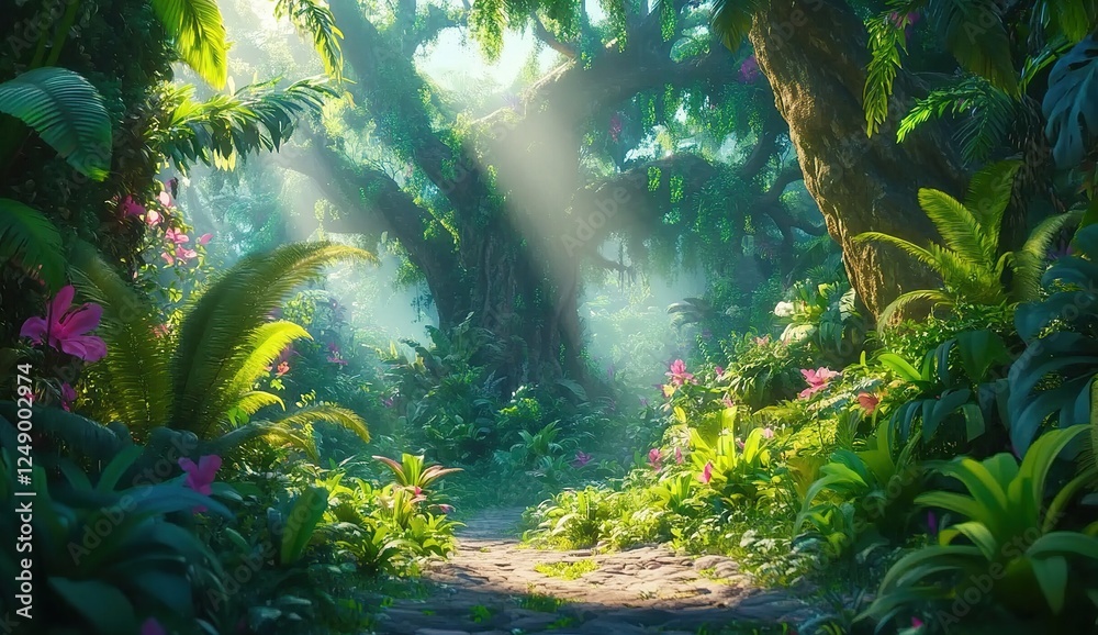 Lush Jungle Path: Exploring Vibrant Tropical Flora and Fauna Under Sunlit Canopy Lush Jungle Path: Exploring Vibrant Tropical Flora and Fauna Under Sunlit Canopy
