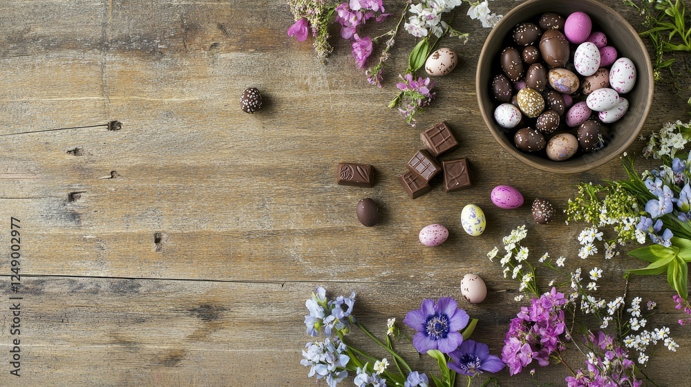 Festive flat lay with chocolate bunny, candy eggs, and small spring flowers on a rustic wooden table, perfect for Easter-themed designs. Festive flat lay with chocolate bunny, candy eggs, and small spring flowers on a rustic wooden table, perfect for Easter-themed designs.
