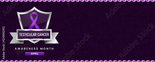 Testicular Cancer Awareness Month banner, with Purple ribbon, shield and space for text. Design for Banner or Header.