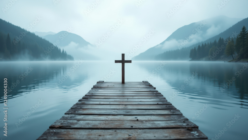 Obraz premium A solitary wooden cross on a pier overlooking a serene lake with foggy mountainous backdrop.