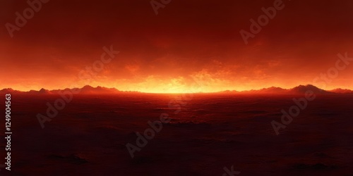 Surreal Ethereal Glow Landscape at Dusk with Reddish Terrain and Dramatic Shadows