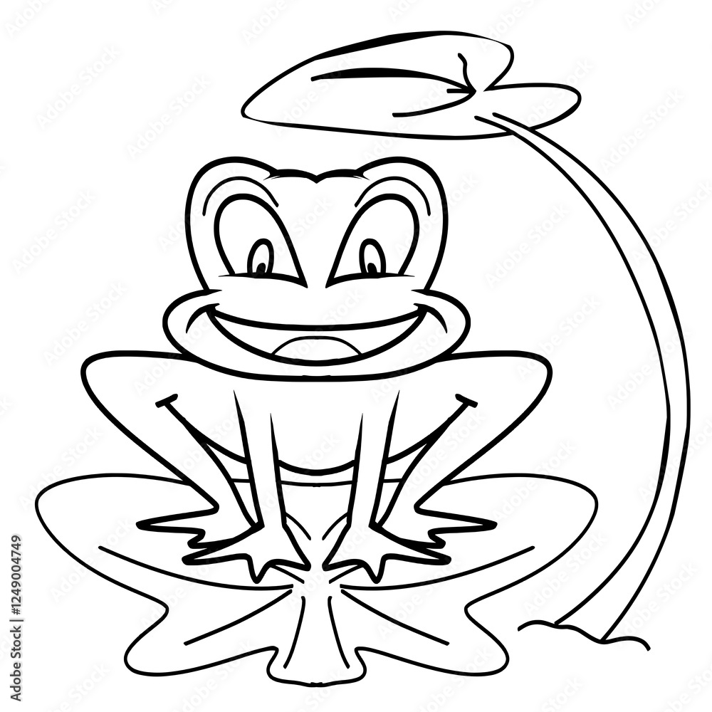 A cartoon toad with a big smile, sitting on a lily pad. Line art style, cute and whimsical. Perfect for children's designs, nature-themed projects, or educational materials A cartoon toad with a big smile, sitting on a lily pad. Line art style, cute and whimsical. Perfect for children's designs, nature-themed projects, or educational materials