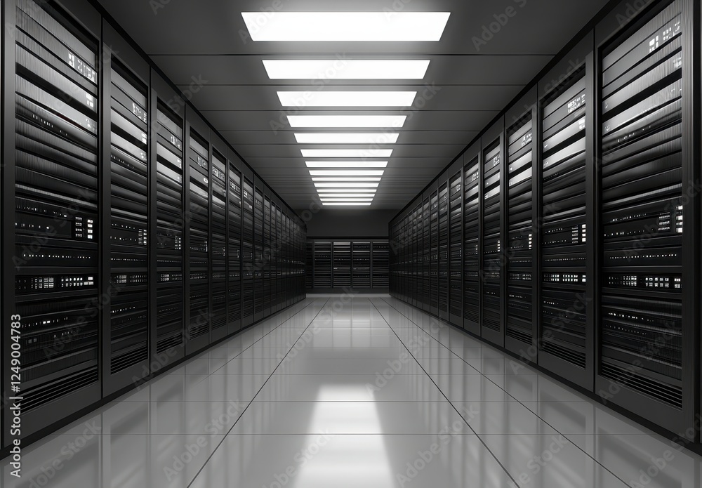 An empty server room features rows of black server racks, illuminated by bright white lights, on a polished white floor, creating a modern and An empty server room features rows of black server racks, illuminated by bright white lights, on a polished white floor, creating a modern and