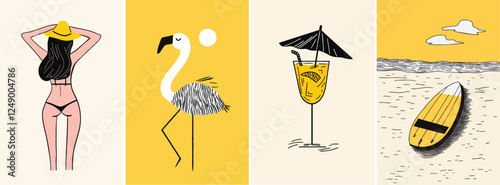 Summer holiday and travel hand drawn style poster illustration set