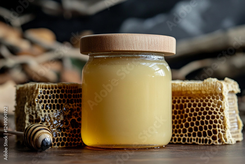 Homemade honey in a jar with a wooden lid and honeycombs nearby photo