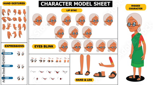 Indian Girl, woman, old woman Character Design Model Sheet with walk cycle animation. Girl Character design. eyes blink with eye brows expressions and lip sync. Hands poses ready to use for animation.
