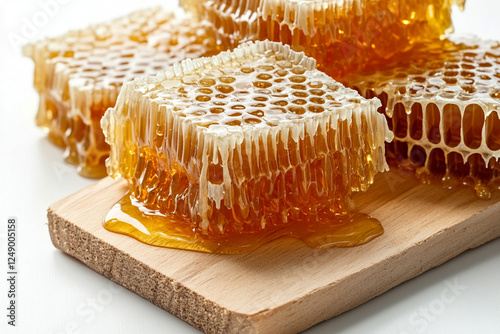 Natural honeycombs filled with honey on a wooden board on a white background photo