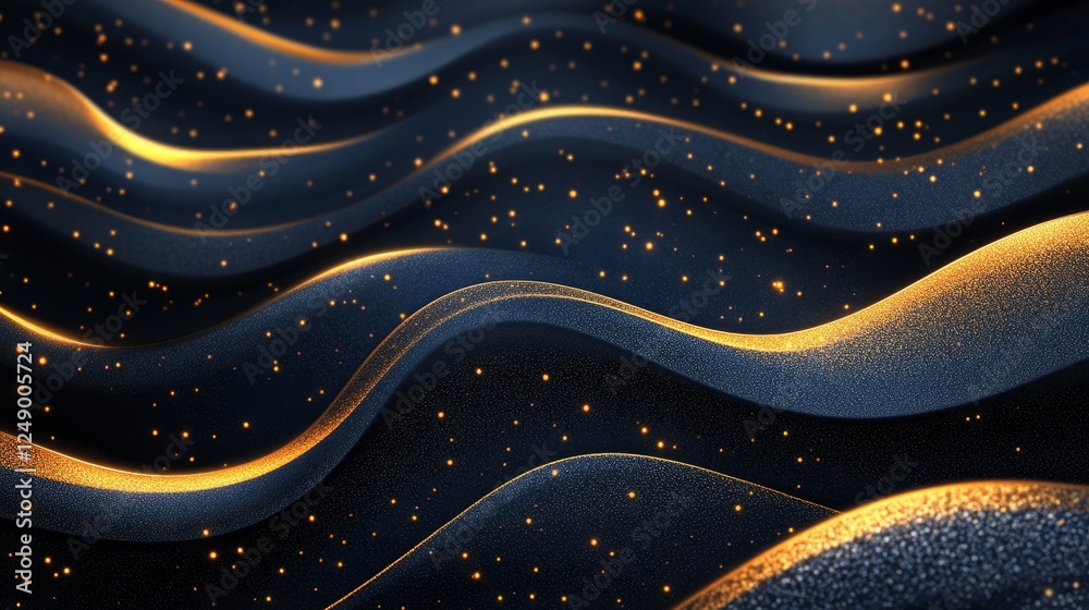 Elegant Dark Blue and Gold Waves with Glittering Particles