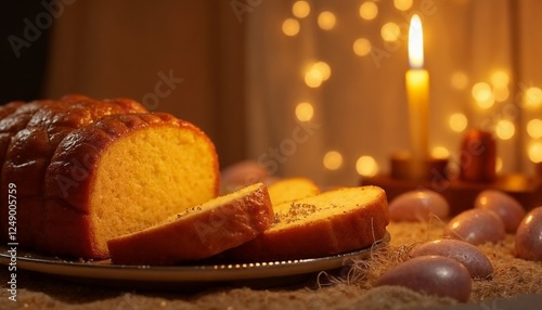 Sliced Challah Bread Warm Candlelight Serene Mood photo