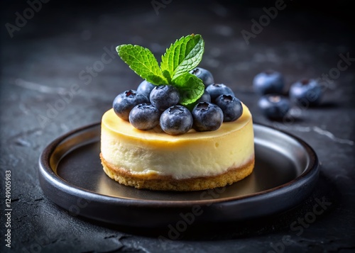 Delicious No-Bake Blueberry Mini Cheesecakes on Black Plate photo