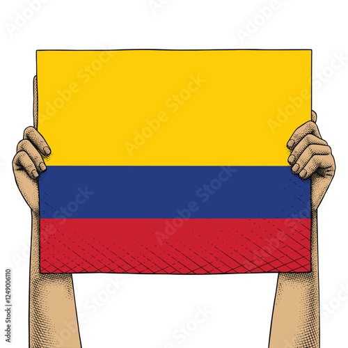Hand Raises a Sign That Show Colombia Flag