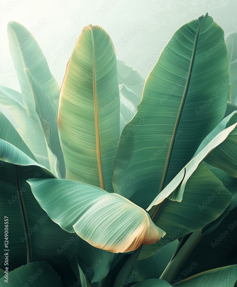 Obraz premium Vibrant tropical foliage featuring oversized banana leaves showcasing exotic greens in a lush environment