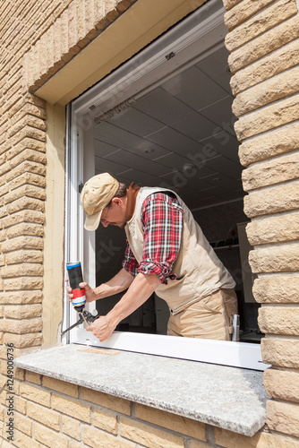 Carpenter installing a new window in a family house during renovation and refurbishment.