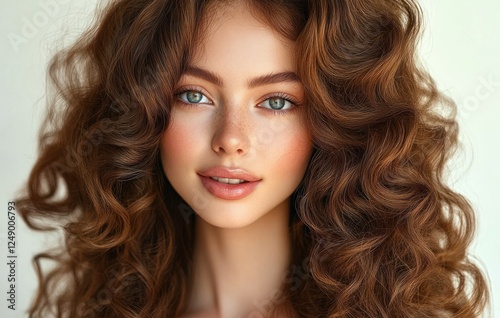 Fashion Portrait of Woman with Curly Hair Beautiful Smile and Red Nails in Natural Light