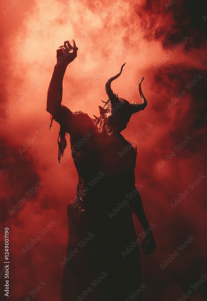 Dark Fantasy Creature Standing Amidst Red Fog in Dramatic Pose Dark Fantasy Creature Standing Amidst Red Fog in Dramatic Pose