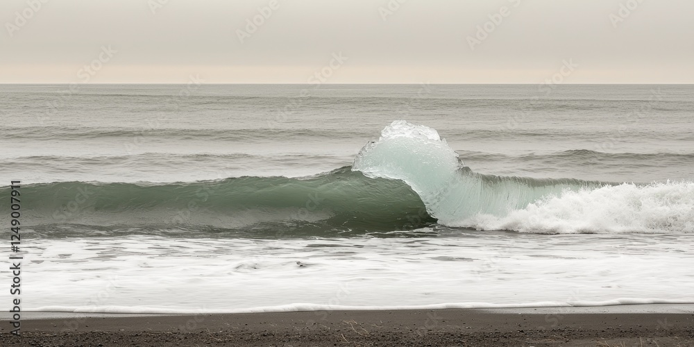 A glowing glacier calving event, with large chunks of ice breaking off into the ocean, creating massive waves. The cold blue tones of the ice contrast with the dark, churning sea A glowing glacier calving event, with large chunks of ice breaking off into the ocean, creating massive waves. The cold blue tones of the ice contrast with the dark, churning sea