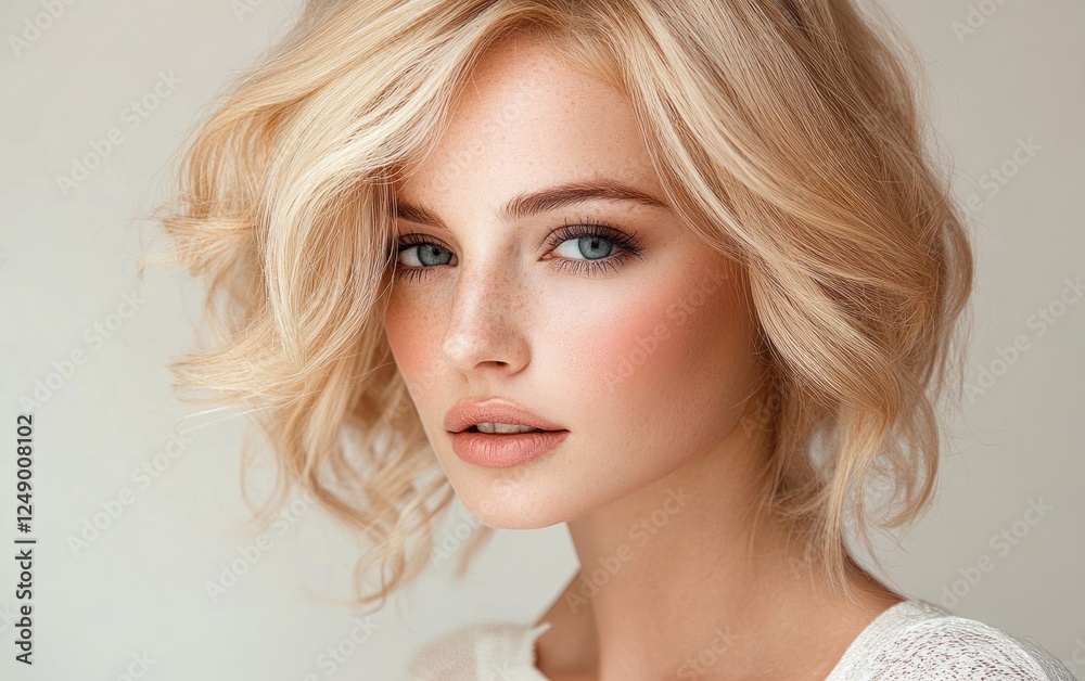 Close-up portrait of a beautiful woman with wavy blonde hair in soft natural light, focusing on hair texture movement and minimalistic style Close-up portrait of a beautiful woman with wavy blonde hair in soft natural light, focusing on hair texture movement and minimalistic style