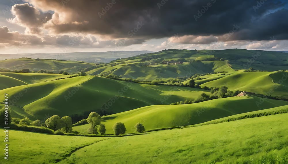 Obraz premium Rolling Green Hills Under Dramatic Sky