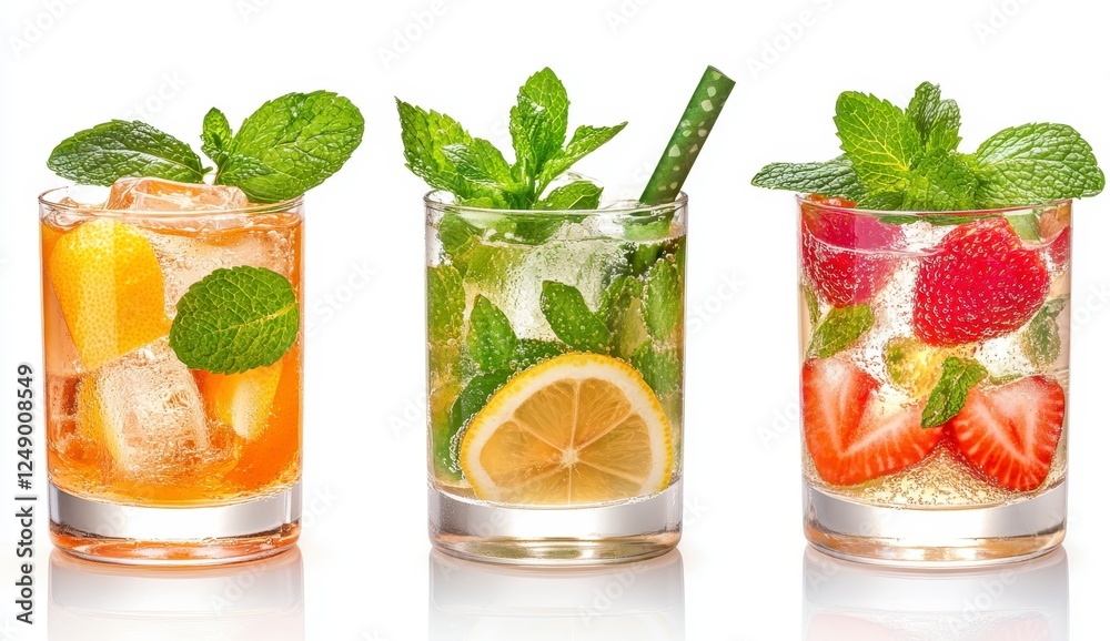 Four refreshing cocktails with ice, fruit, and mint garnishes displayed against a white background. The cocktails are of varying flavors, featuring Four refreshing cocktails with ice, fruit, and mint garnishes displayed against a white background. The cocktails are of varying flavors, featuring