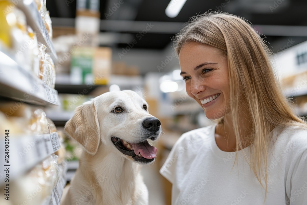 A woman shares a joyful moment with a golden retriever in a grocery store aisle, illustrating the special connection between humans and pets in everyday life. A woman shares a joyful moment with a golden retriever in a grocery store aisle, illustrating the special connection between humans and pets in everyday life.