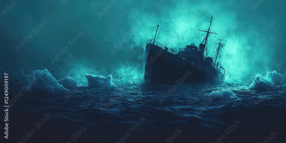 A glowing icebreaker ship struggling to navigate through thick sea ice in the middle of a frozen ocean, with large ice chunks surrounding the vessel. The cold blue tones dominate the scene A glowing icebreaker ship struggling to navigate through thick sea ice in the middle of a frozen ocean, with large ice chunks surrounding the vessel. The cold blue tones dominate the scene