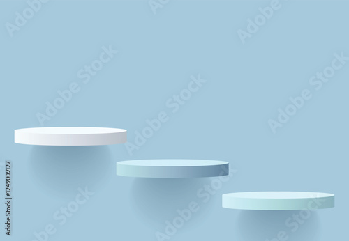 3D round product podium set floating on the wall background. Abstract geometric composition in minimalist design. Studio display showroom product pedestal, Fashion stage showcase mockup scene.