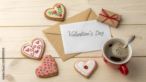 Heart-shaped cookies, a cup of coffee, a wrapped gift, and a 