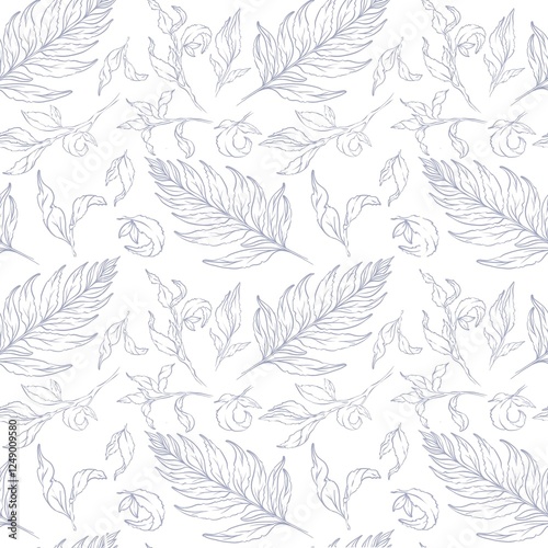 Botanical purple outline pattern featuring various leaves on white background