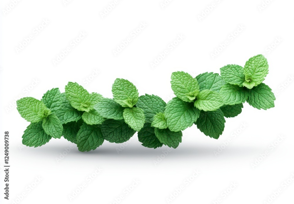Fresh herb leaves arranged in a horizontal arc against a plain white background, showcasing vibrant green hues and detailed leaf structures Fresh herb leaves arranged in a horizontal arc against a plain white background, showcasing vibrant green hues and detailed leaf structures