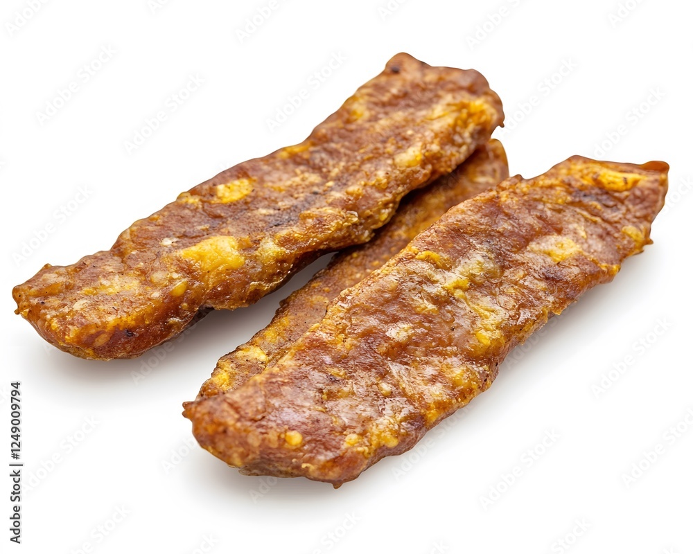 Three pieces of beef jerky lie on a white surface Three pieces of beef jerky lie on a white surface