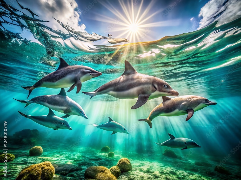 Fototapeta premium Dolphins Dance Underwater Bokeh, Ocean Wildlife, Marine Mammal Ballet