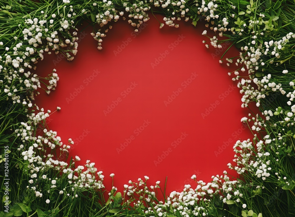 Red background, green grass, and small white flowers on the edge of a round frame. circular flower arrangement. happy nowruz Red background, green grass, and small white flowers on the edge of a round frame. circular flower arrangement. happy nowruz