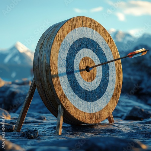 Archery target with arrow stuck in bullseye