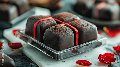 A Valentine's Day chocolate heart with a glossy finish, encased in a clear box adorned with a red satin ribbon, and set among rose petals photo