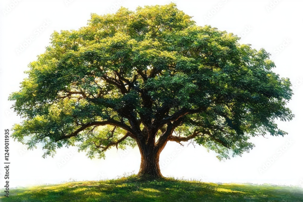 Fototapeta premium Majestic Tree in Serene Landscape with Dappled Sunlight and Vibrant Foliage