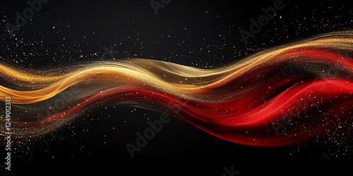 abstract background with red and gold waves flowing and sparkling on a dark background. The motion creates a dynamic and abstract art piece, ideal for creating unique designs and projects. 