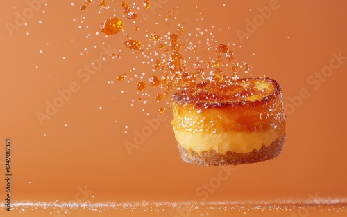 Levitating crÃ¨me brÃ?lÃ?e with caramelized sugar crackling, floating on a pastel orange background photo