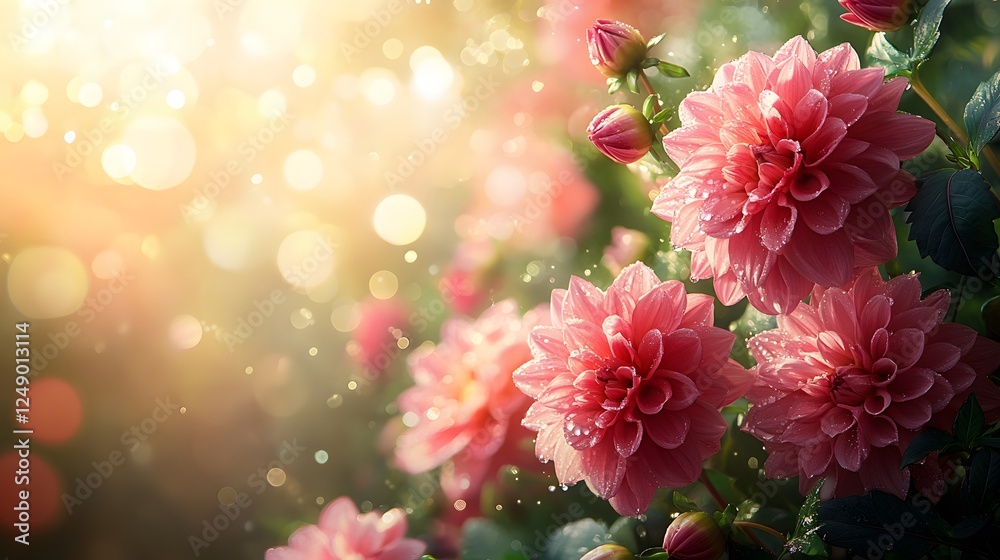 Pink dahlia flowers showcase full blooms with morning dew drops, creating ethereal garden scene through soft sunlight and delicate petal details against bokeh effect. Pink dahlia flowers showcase full blooms with morning dew drops, creating ethereal garden scene through soft sunlight and delicate petal details against bokeh effect.