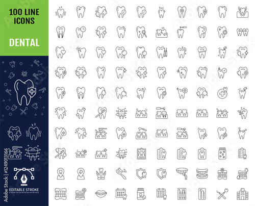 Big set of 100 Dental line icons set. Containing tooth, toothpaste, toothbrush, teeth, implant and dentistry and more. Vector illustration