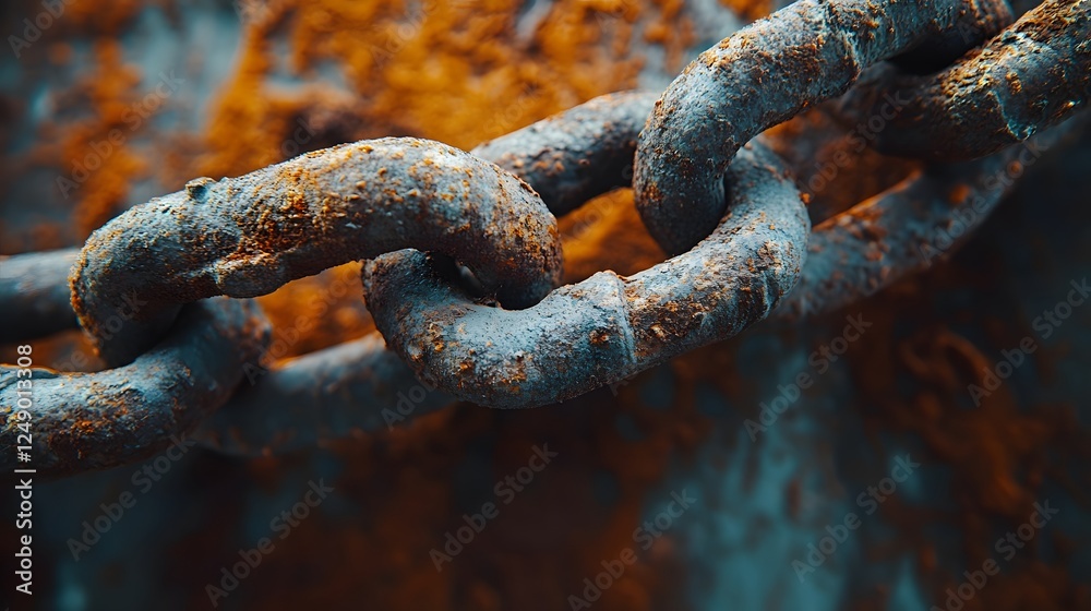 Metal chain displays broken link against bright white background, highlighting rusty iron texture and weathered details in dramatic macro photography. Metal chain displays broken link against bright white background, highlighting rusty iron texture and weathered details in dramatic macro photography.