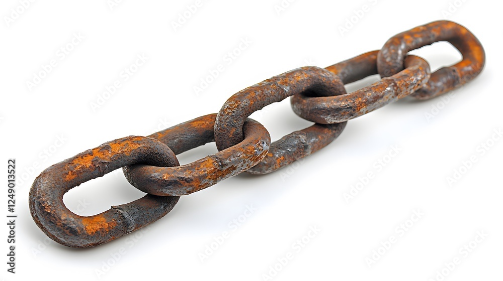Metal chain displays broken link against bright white background, highlighting rusty iron texture and weathered details in dramatic macro photography. Metal chain displays broken link against bright white background, highlighting rusty iron texture and weathered details in dramatic macro photography.