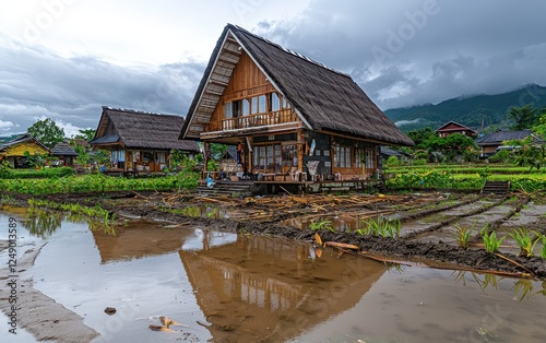 A glowing post-cyclone rural village, with broken thatched roofs, fallen trees, and waterlogged fields. The cloudy sky and standing water create a somber mood, highlighting the aftermath of  photo