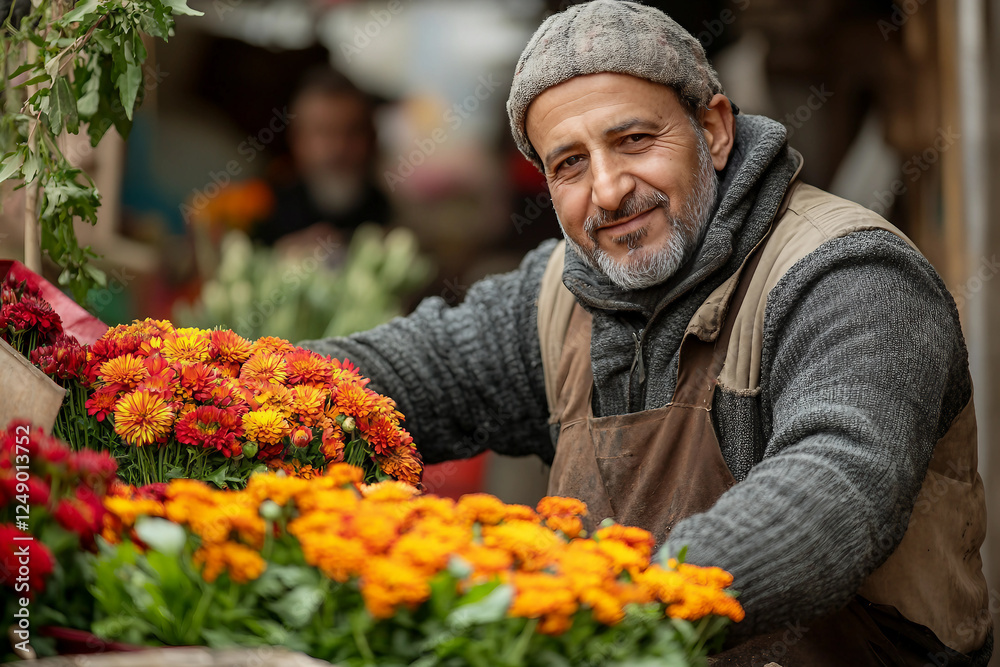 Generative AI Portrait of Flower Store Owner Florist Surrounded by Roses, Daisies and Seasonal Blooms